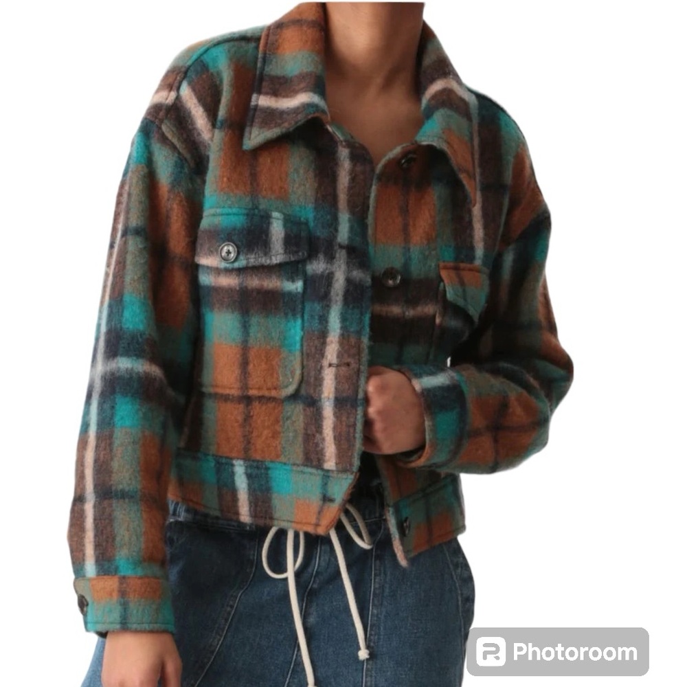 Electric & Rose Spencer crop wooly jacket plaid pine / umber NEW Small S